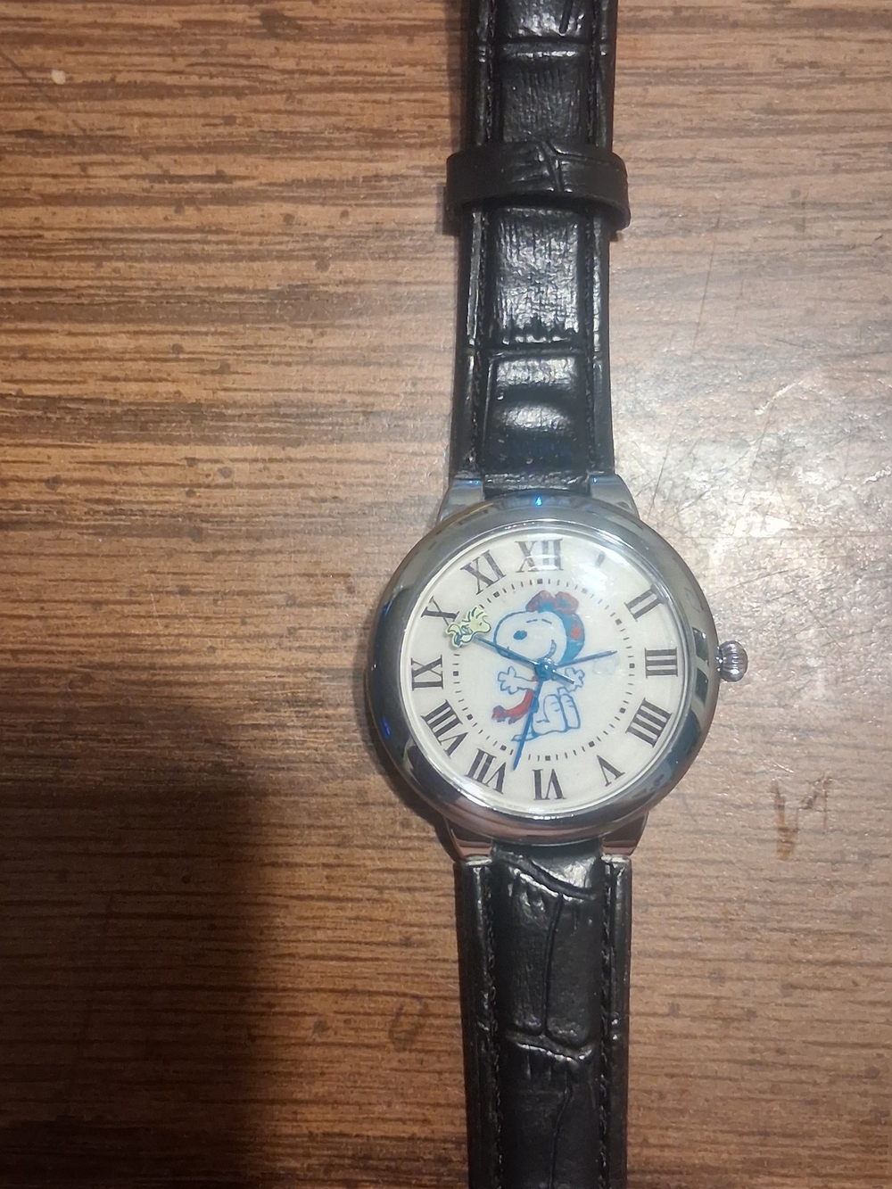 Men's Black Leather Strap Watch with Snoopy Character Dial